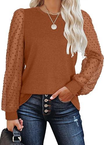 ZESICA Womens V Neck Cute Sexy Long Sleeve Fall Shirt Dressy Casual Top | Ribbed Knit, Mesh Puff Sleeves, Going Out Clothes, Date Night Tops, Work Blouse, Holiday Party Outfits, Large