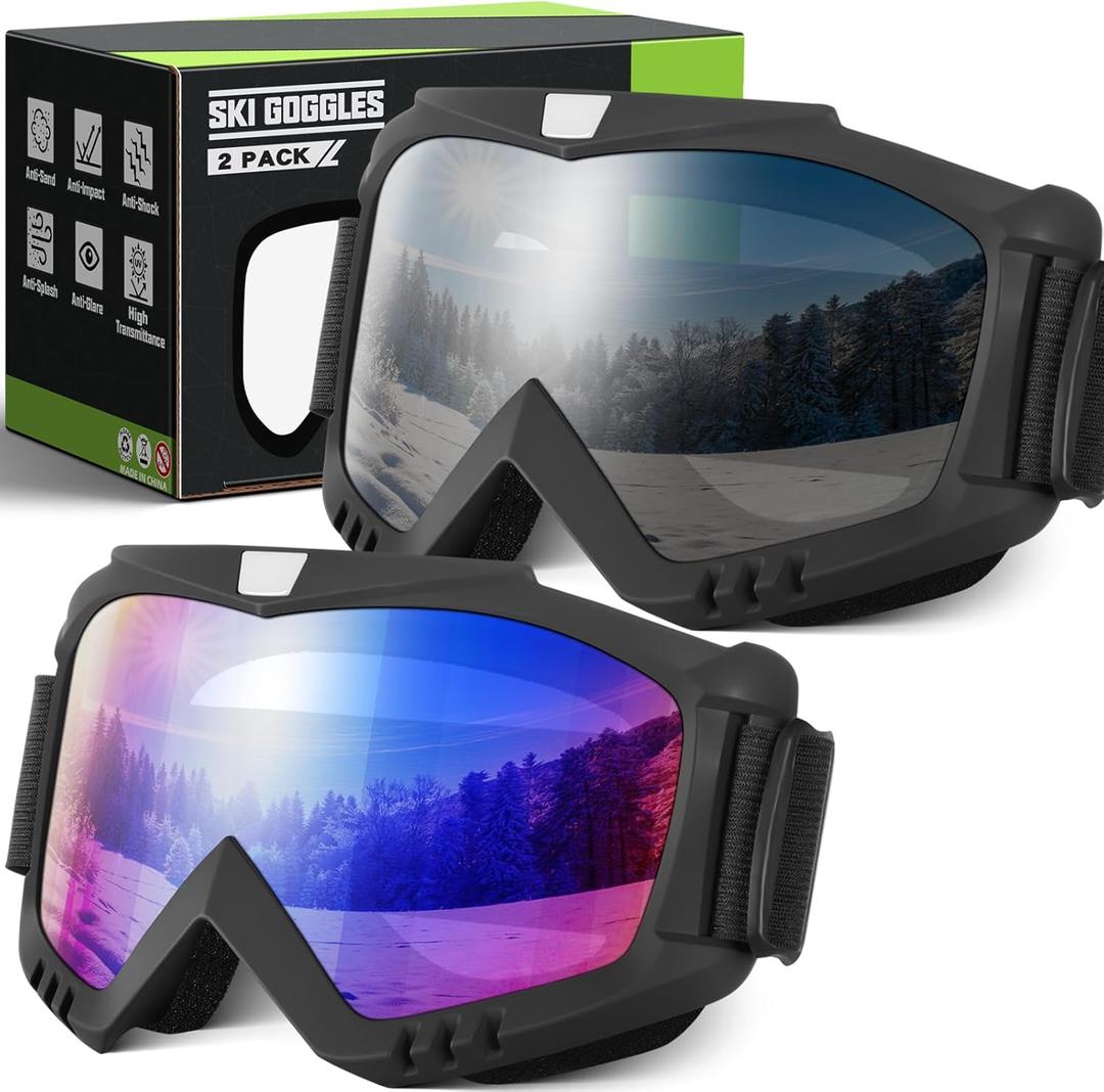Ski Goggles Men Women, Snowboard Goggles UV Protection Anti Fog OTG Snow Goggles for Snowmobile Skiing Skating (2 Pack, 02.black Frame Multicolor Lenses/Black Frame Gray Lenses)