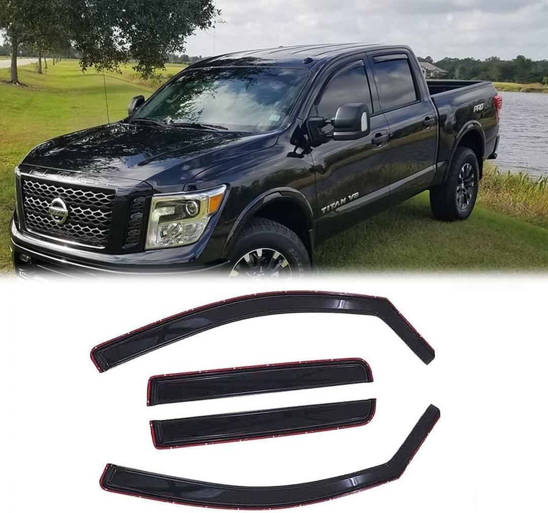 Side Window Wind Deflector,4pcs in-Channel Tape On Dark Smoke Nice Rain Guards Set, Window Visor fit for 2004-2015 Nissan Titan Crew Cab 194858 (In Channel 04-15 Titan)