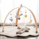 Wooden Baby Gym Foldable Baby Play Gym Frame Activity Center Hanging Bar with 6 Toys for Sensory Exploration and Motor Skill Development，Newborn Gift for Girls Boys（Without Play Mat）