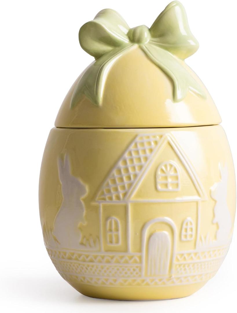 Easter Bunny Cookie Jar with Lid, Yellow Egg Candy Jar, Embossment Bunny Decorative Ceramic Storage Container Jar, Yellow Easter Bunny Egg Decorations for Home Kitchen Indoor Best Easter Gift (5.3"W x 7.9"H)