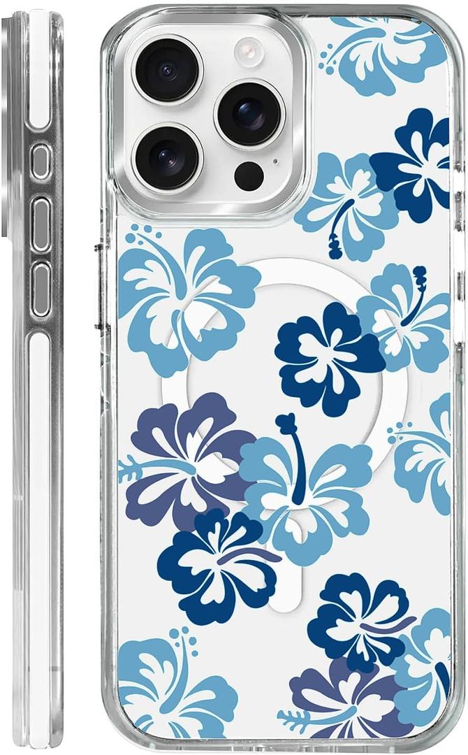 Magnetic Case for iPhone 15 Pro Max, Crystal Clear Phone Cover, Magnetic Charging Compatible, Anti-Yellowing Shockproof Drop Protection Aesthetic Phone Case for Women Girls, Blue Hibiscus