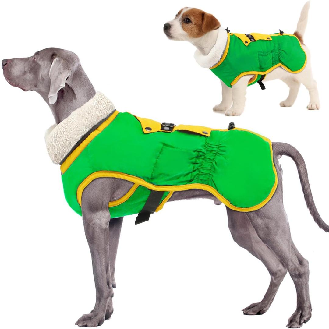 EMUST Dog Winter Coat, Thick Fleece Lining Warm Dog Jacket for Winter, Windproof Reflective Turtleneck Pet Cold Weather Coats with Leash Hole, Warm Snow Jackets Vest for Medium Dogs, Green M