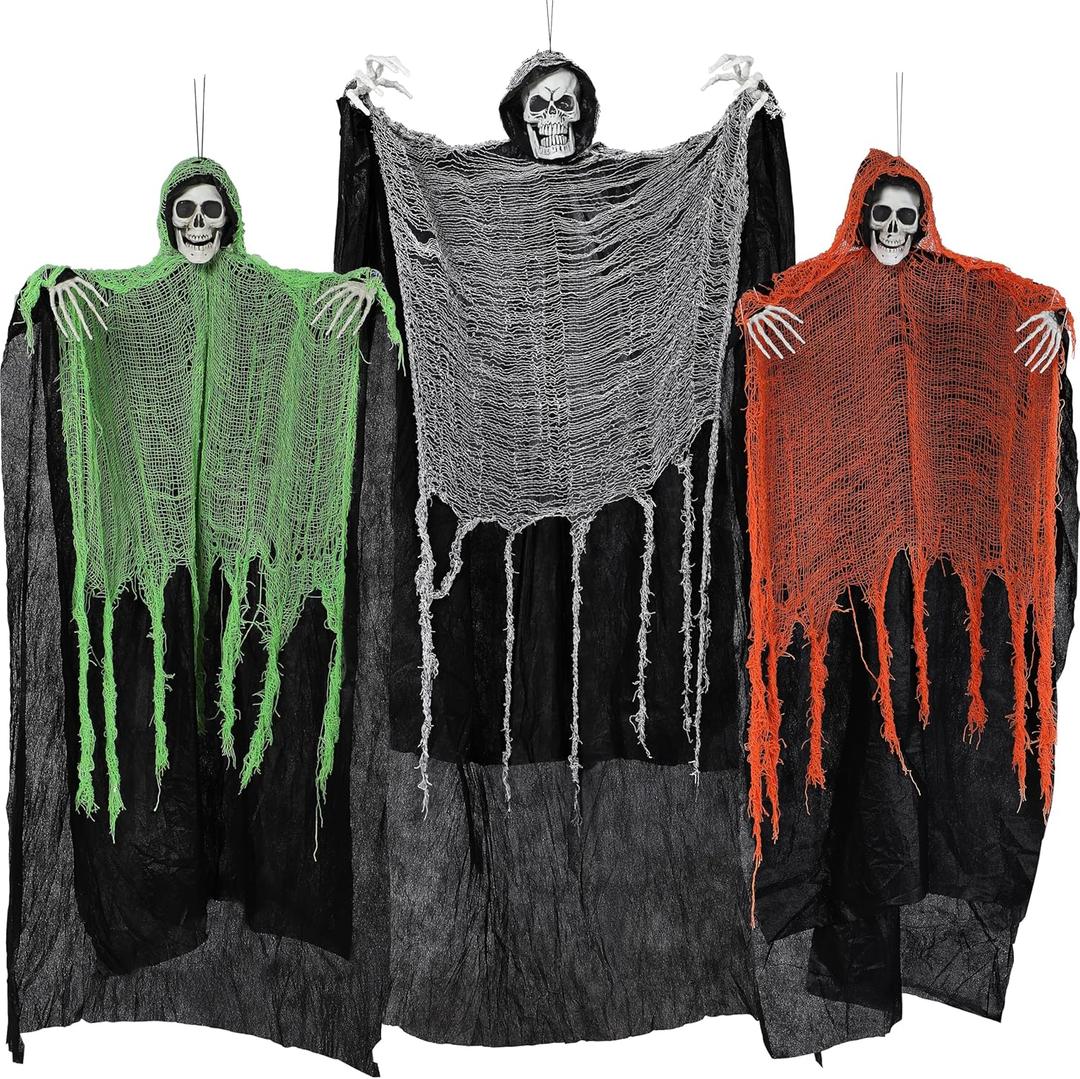 JOYIN 3 Pcs Halloween Hanging Grim Reapers, one 63 Two 47 Grim Reapers, Halloween Skeleton Outdoor Decoration Flying Ghost for Haunted Haunted House Prop, Party Supplies Decor