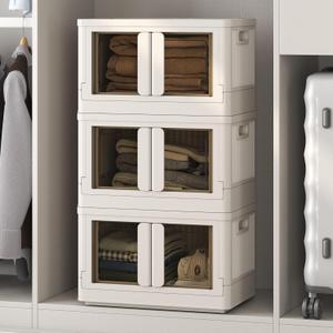 FLEXIMOUNTS 110 QT Stackable Storage Bins With Lids, Collapsible Plastic Storage Bins With Doors and Built-in Wheels For Home Dorm Closet Organizers and Storage, 3 Pack Cubes, Milky White