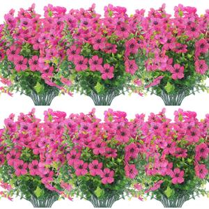 12 Bundles Artificial Flowers Outdoor UV Resistant Fake Plastic Plants Indoor Outside Hanging Plants Garden Porch Window Box Home Wedding Farmhouse Festive Shrub Decor (Rose Red)
