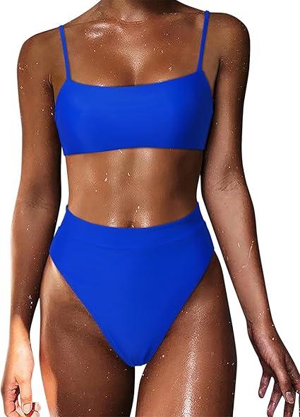 MOSHENGQI Women High Wasited Bikini Shoulder Strap 2 Piece High Cut String Swimsuits (Small)