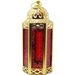 VELA LANTERNS 10.5" Gold Moroccan Candle Lantern Decorative Candle Holder Lamp for Table or Hanging, Ramadan Decorations, Indoor Home Decor, Outdoor Patio or Porch, Weddings, Red Glass, Medium