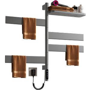 Rotatable Heated Towel Warmer with Shelf,2.75" Larger Towel Bar, 2-3 Minutes to 131F,Plug-in/Hard-Wired Wall Mounted Towel Rack with Timer and Multi-Stage Temperature Regulation,Grey