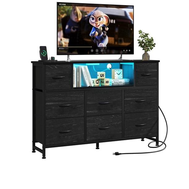 CONCETTA 55 inch TV Stand Dresser, 8 Fabric Drawers Storage Organizer for Bedroom Living Room, LED & Charging Station, Wood Black