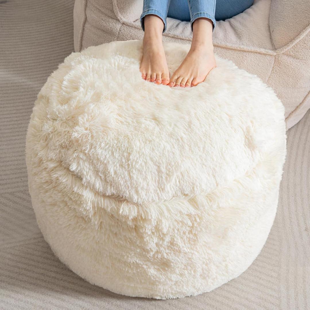 HIGOGOGO Round Stuffed Pouf Ottoman, Long Faux Fur Poufs with Foam Chunk Filling, Fluffy and Furry Pouf Foot Stool Storage Ottoman, 26 X 18 Floor Poufs Foot Rest for Living Room, White (Beige)