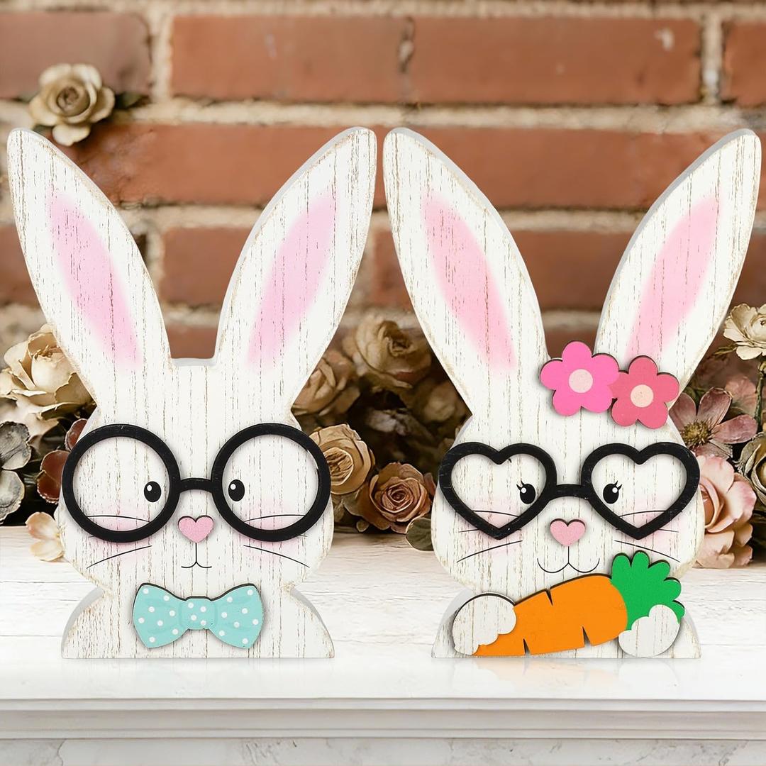 2Pcs Easter Decorations Indoor Bunny Couple Wooden Centerpieces for Tables Rustic Farmhouse Wood Table Sign Cute White Rabbit with Glasses Blocks Spring Home Decor Tiered Tray Office Desk Mantle Shelf (Large)