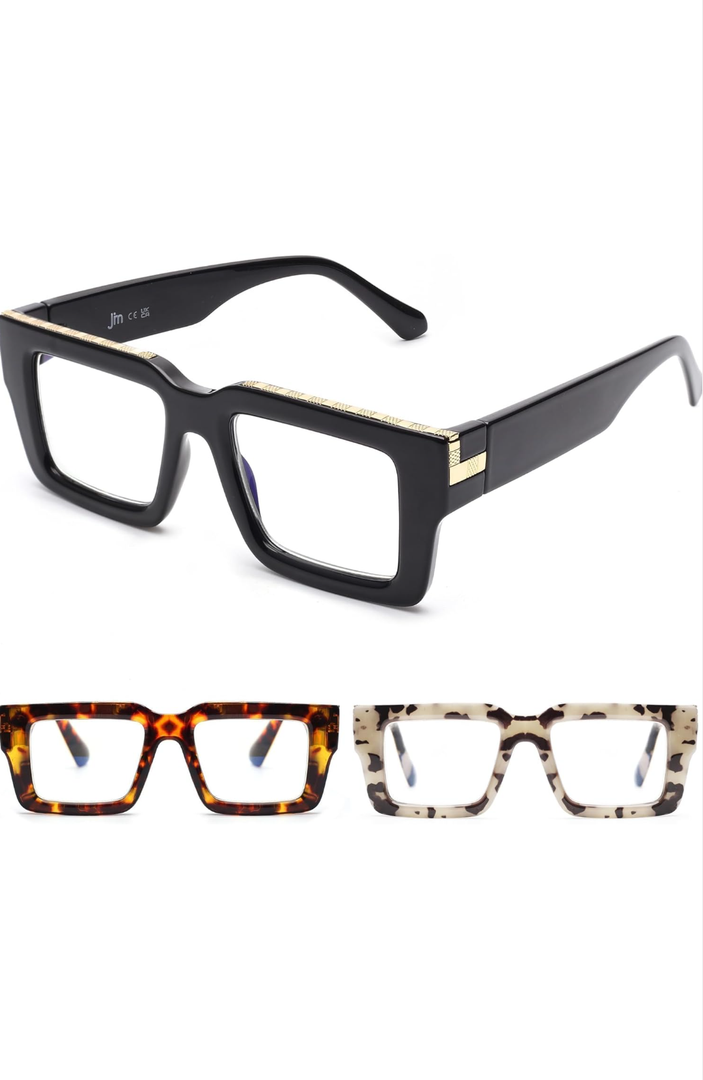 JM 3 Pack Oprah Style Reading Glasses for Women Men, Fashion Square Blue Light Blocking Readers, +1.75