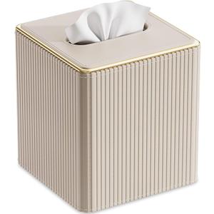 GORESE Tissue Box Cover Square for Kleenexs, PU Leather Tissue Box Holder with Gold-Tone Edging, Decorative Tissue Cover for Bathroom Livingroom Car, Modern Cube Tissue Holder, Beige