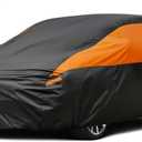 Hatchback Car Cover for Automobiles All Weather Waterproof, Universal Fit Kia Rio, Toyota Yaris, Mitsubishi Mirage, Chevrolet Bolt EV/Sonic, Mini Cooper 2-Door/4-Door etc. (Black-Orange)
