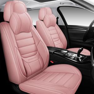 Full Coverage Faux Leather Car Seat Covers with Memory-Foam Neck Pillows Universal Fit for Cars,Trucks,SUVs with Waterproof Leatherette in Automotive Seat Cover Accessories (Pink)