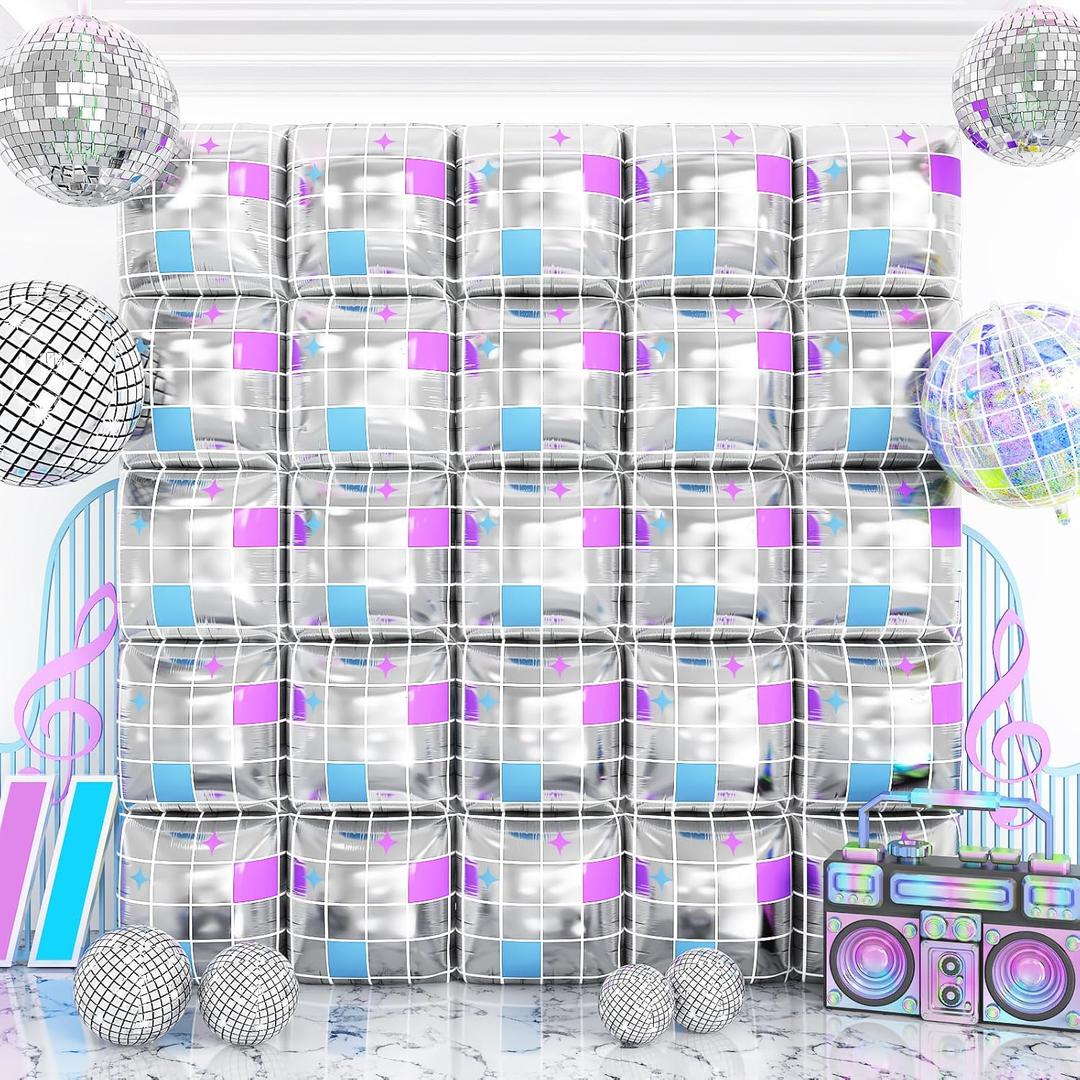 Silver Square Foil Balloon Wall,25Pcs Double Sided Balloons Backdrop Helium Polyester Balloon Tunnel Arch Garland Kit for Disco Party Birthday Bridal Anniversary Baby Shower Party Decorations