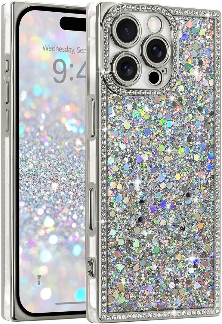 LAPOPNUT for iPhone 16 Pro Case, Cute Bling Sequin Glitter Sparkly Rhinestones Rectangle Edge Phone Case for Girls Women, Crystal Diamond Full Camera Protective Shockproof TPU Bumper Cover, Silver