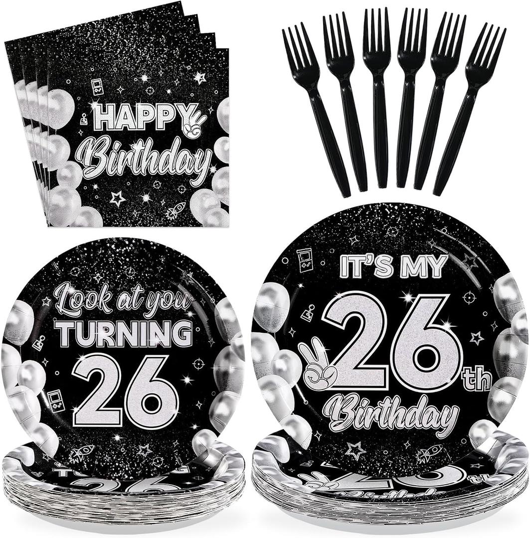 96Pcs 26th Birthday Decorations Black Silver 26th Birthday Party Plates Disposable Look at You Turning 26 Paper Tableware Set for Happy 26 Year Old Graduation Party Supplies Serves 24