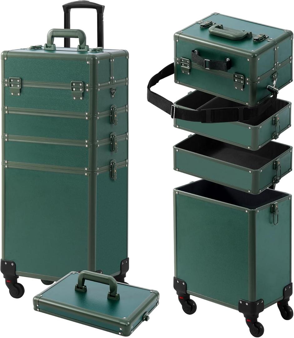 Makeup Train Case, Rolling Makeup Case with Lid, 5 in 1 Cosmetology Case on Wheels, Christmas Gift, Large Makeup Case Organizers, Profesional Cosmetic Case for Salon Barber, Green (4 layers)