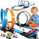 LILYBUDS Toy Car Track Gift Set for Boys Kids Age 3-5 4-7 8-12, Long Race Tracks with 4 Action Loops and 4 High-Speed Slot Die-Cast Race Cars, 35+ Pieces Race Tracks to Create Multiple Configurations