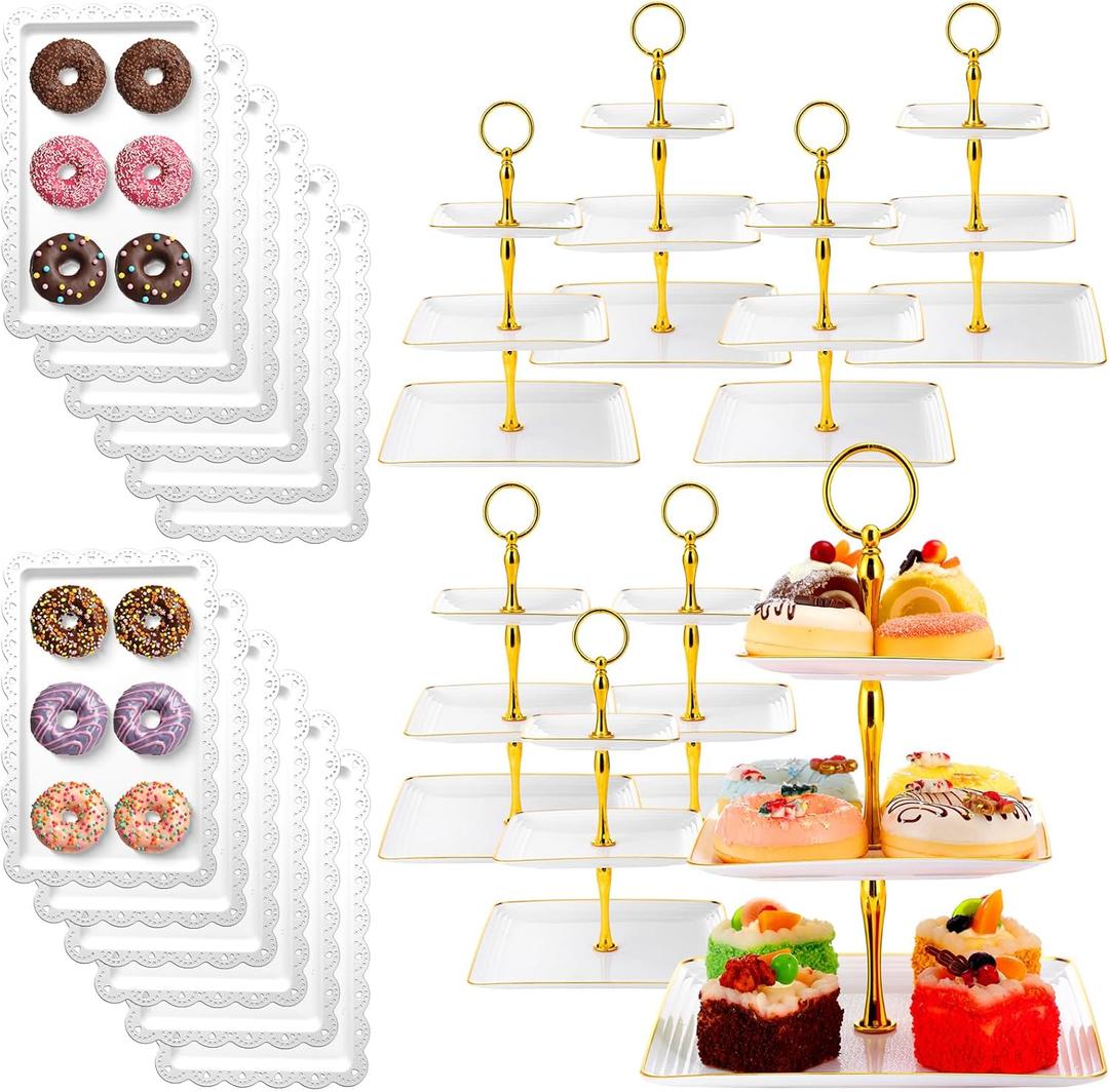 Teenyyou 20 Pack Dessert Table Display Set 8 Pcs 3 Tiered Cupcake Stand with Gold Edges 12 Pcs White Dessert Serving Tray for Wedding Birthday Tea Party Decorations(Round)