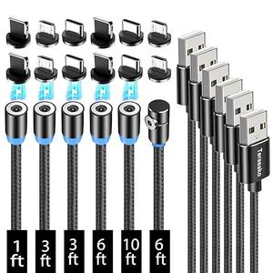 Terasako Magnetic Charging Cable 6Pack [1ft/3ft/3ft/6ft/6ft/10ft], 3 in 1 Nylon Braided Magnetic Phone Charger, Compatible with Micro USB, Type C, iProduct and Most Devices