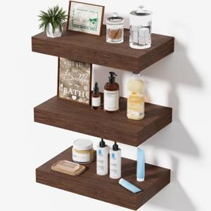 Floating Shelves for Wall, Bathroom Shelves Over Toilet, Wall Shelves & Book Shelf, Hanging Shelf, Modern Wooden Wall-Mounted Small Floating Shelves, 12x7x1.5 in (Walnut-Like, Set of 3)