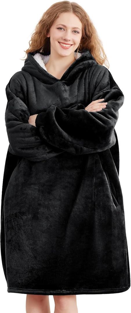 AmyHomie Wearable Blanket Hoodie for Adults & Teens,Oversized Sherpa Hooded Blanket,Warm Cozy Blanket Sweatshirt as Christmas Birthday Gifts for Women Men (Black, Regular Oversize)