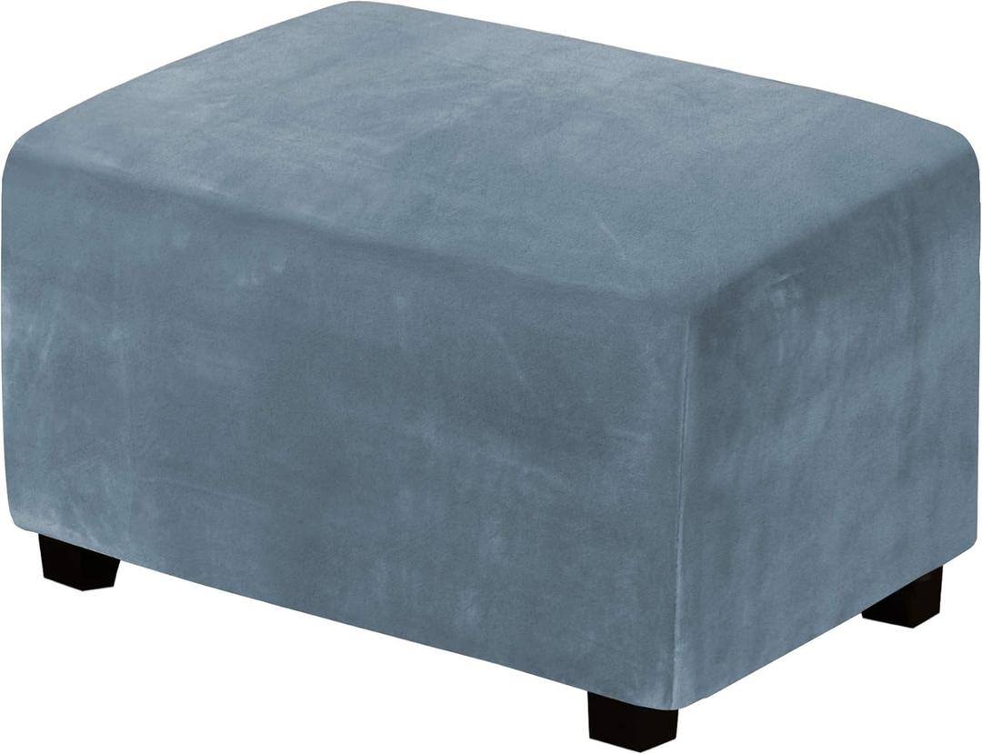 H.VERSAILTEX Real Velvet Plush 1 Piece Form Fit Stretch Rectangle Folding Storage Covers Ottoman Slipcovers Removable Footstool Protect Footrest Covers Elastic Bottom Washable(Large, Stone Blue)