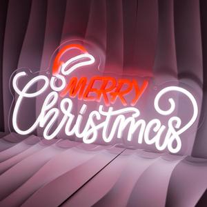 Merry Christmas Neon Sign for Wall Decor Dimmable Neon Christmas Sign fox Xmas Party Red White LED Neon Xmas Sign for Home Office Store USB Powered 16.92"x9.84"