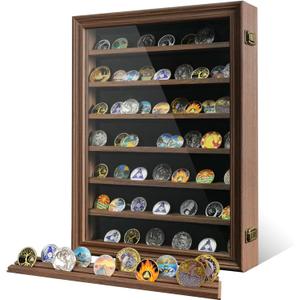 7 Rows Challenge Coin Display Case with HD Tempered Glass - Wall Mountable, Holds 100 Coins, Medal Display Cabinet Military Shadow Box with Removable 2-Groove Shelves, Poker Chips Holder, Rust Brown