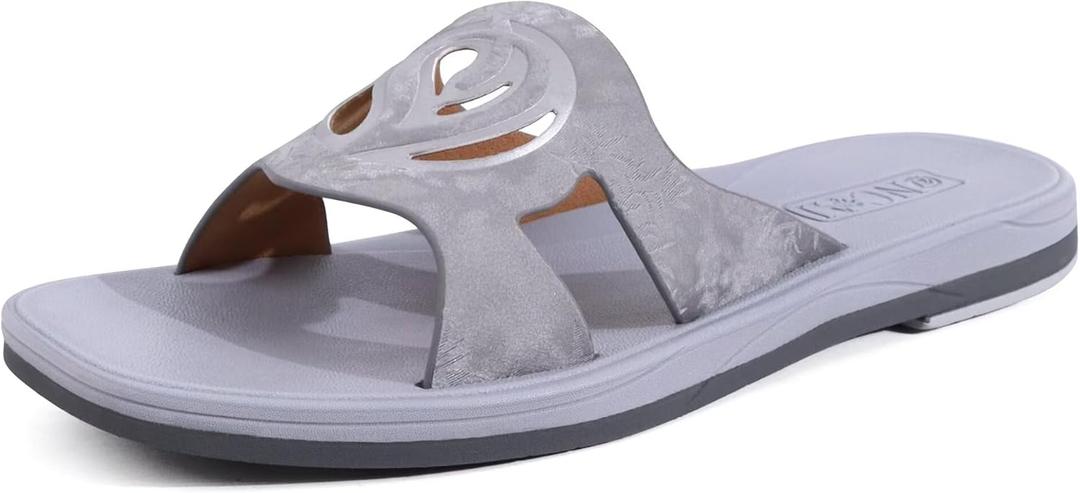 ONCAI Slides for Womens,Flat Dressy Square Toe Summer Beach Sandals for Woman with Comfortable Non-slip Rubber Soles Size 6 (All-grey)