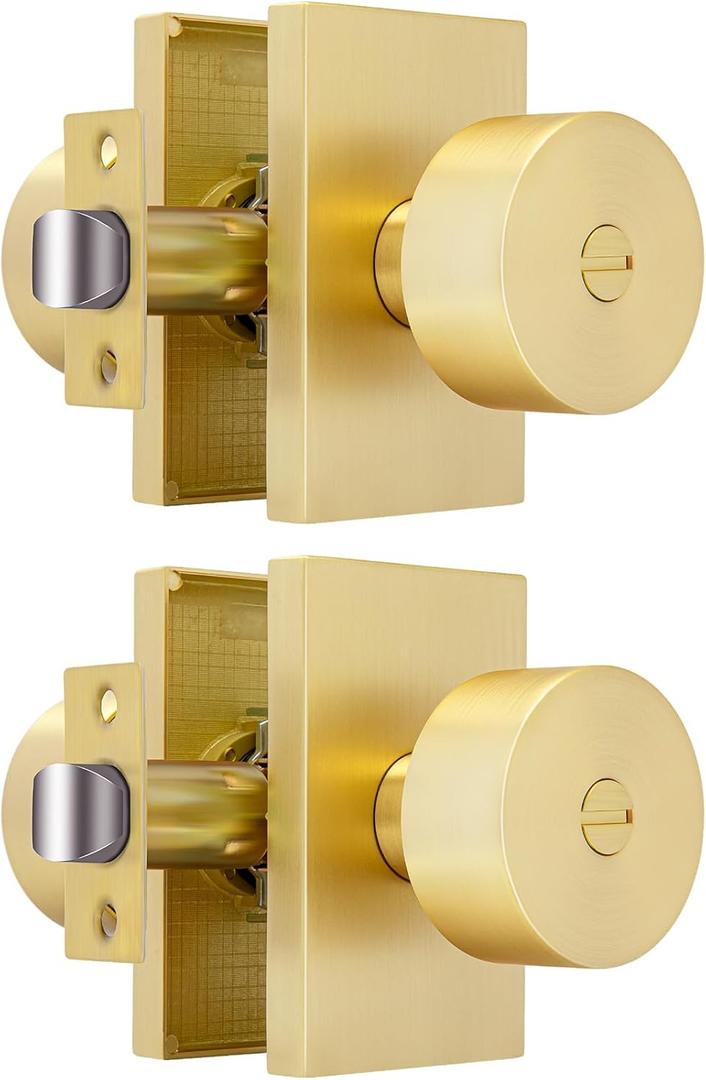 Gold Door Knobs Interior Privacy, Zinc-Alloy Interior Door Knobs, Heavy Duty Brushed Gold Door Knob for Bedroom, Bathroom, 2 Pack