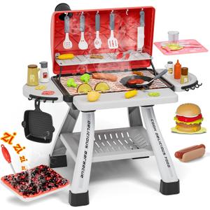 Kids Toys Kitchen Playset, BBQ Grill Playset with Smoke, Sound & Light, Toy Grill for Kids, Pretend Play Food Hamburger, Interactive Toys Barbecue Cooking Game for Toddlers Boys Girls 3-5 (Red&black)