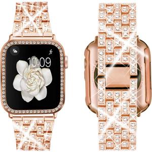 Supoix Compatible with Apple Watch Band 42mm  Case, Women Jewelry Bling Diamond Rhinestone Replacement Metal Bands & 2 Pack PC Protector Case for iWatch Series 3/2/1