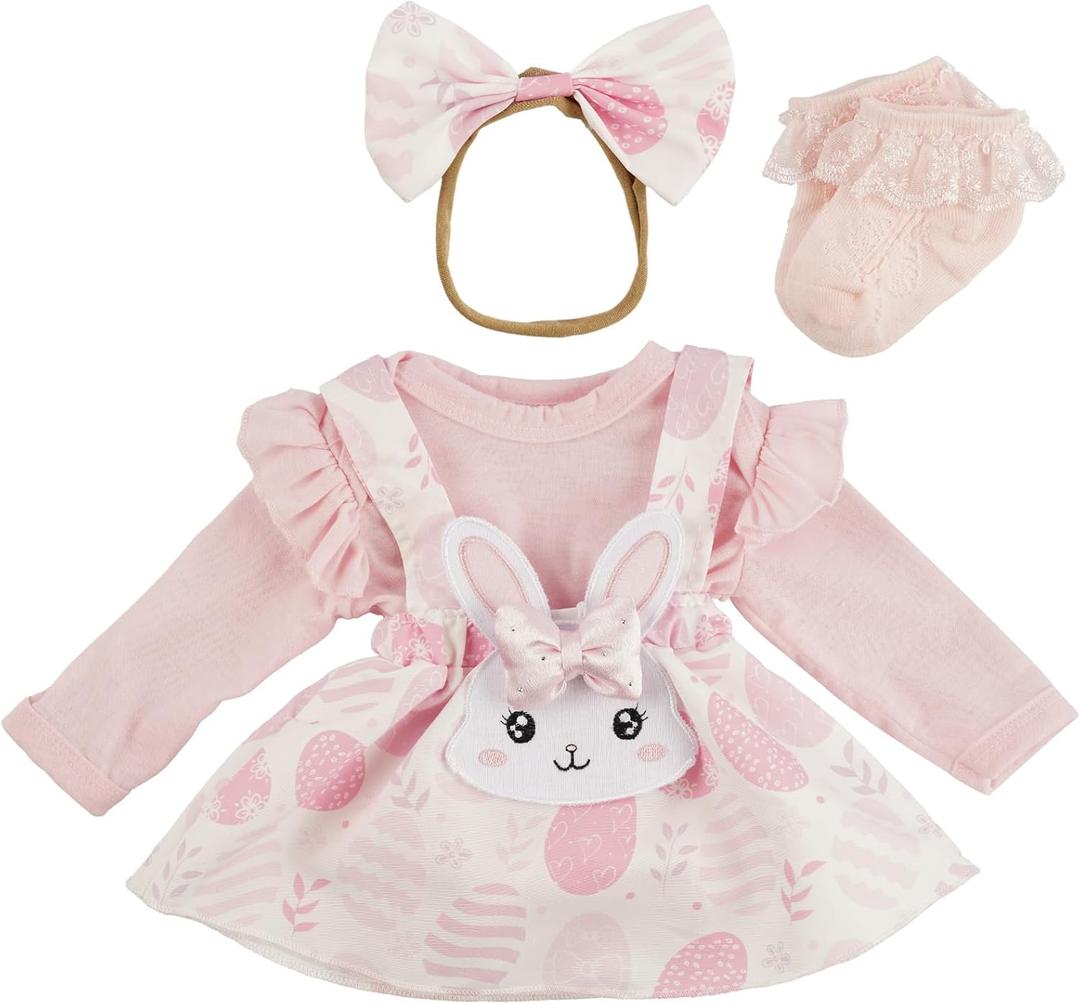 BABESIDE Easter 4 Pcs Reborn Baby Doll Clothes and Accessories for 17-20 Inch Baby Dolls, Easter Pink Bunny Dolls' Clothes Set with Headband (Doll NOT Included)