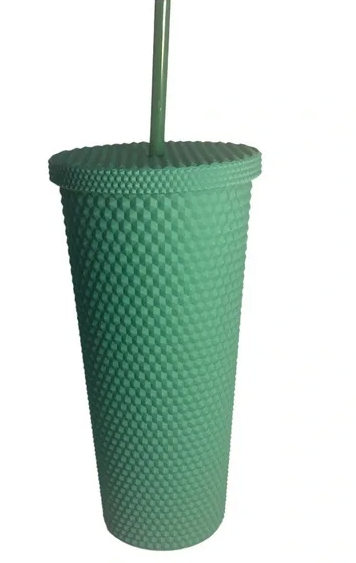 24Oz Studded Green Tumbler, Reusable Plastic Cup, with Lid and Straw, Studded Double Venti Cup, Water Bottle