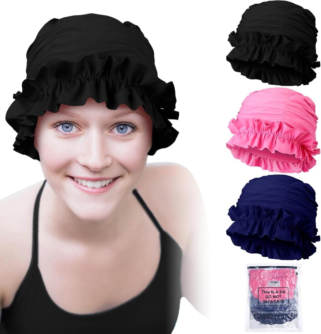 Soulchen 3 Pcs Swim Cap Women Adult with Ruffled Edges Nylon Cloth Swimming Cap for Women Bathing Hats Swim Turban Waterproof Swimming Hat (Black, Pink, Blue)