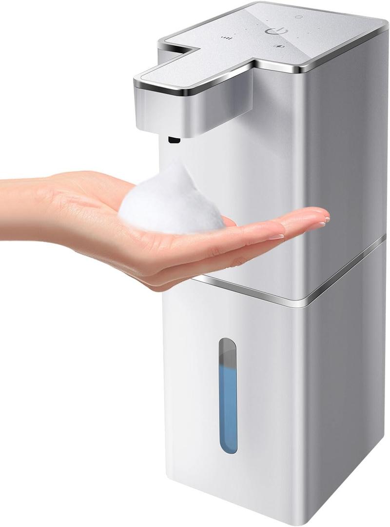 Automatic Foaming Soap Dispenser Touchless 380ml/12.8oz Rechargeable Hand Soap Dispenser Wall Mounted 4 Levels Adjustable Foam Soap Pump for Bathroom Kitchen Dish Soap (Silver)