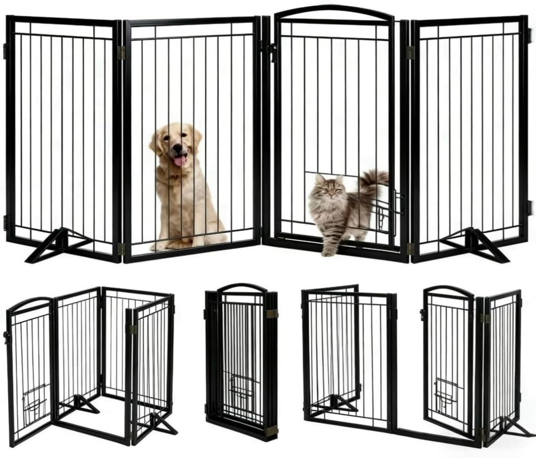 Full Metal Freestanding Dog Gate with Cat Door for Indoor & Outdoor,32" Tall Foldable Dog Fence,80" Extra Wide Freestanding Pet Gate for Large Openings, Stairs, Deck, Yard, Doorways(4 Panels, Black)