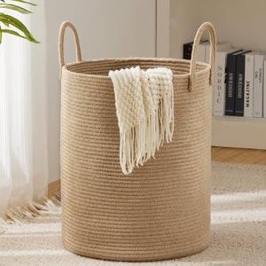 Jute Rope Laundry Hamper Basket by YOUDENOVA, 58L Tall Laundry Basket, Baby Nursery Hamper for Blanket Storage for Bedroom-Large-Jute (Tall (58L ), Jute Brown)