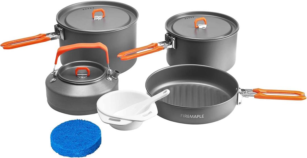 Fire-Maple Feast Outdoor Camping Cookware Set, Portable Stackable Cooking Pot and Pan Kit with Kettle, Saucepans and Spatula for Hiking, Fishing and Backpacking