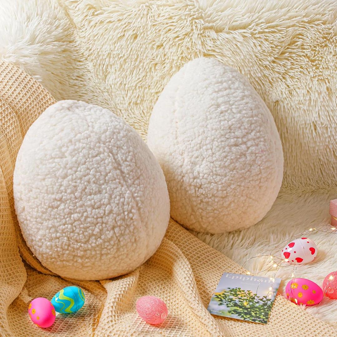 2 Pieces Easter Pillows Egg Stuffed Throw Cuddly Huggable Egg Hugging Pillow Decoration for Easter Birthday Bedroom Sofa Couch Gift Supplies (lamb wool, White)