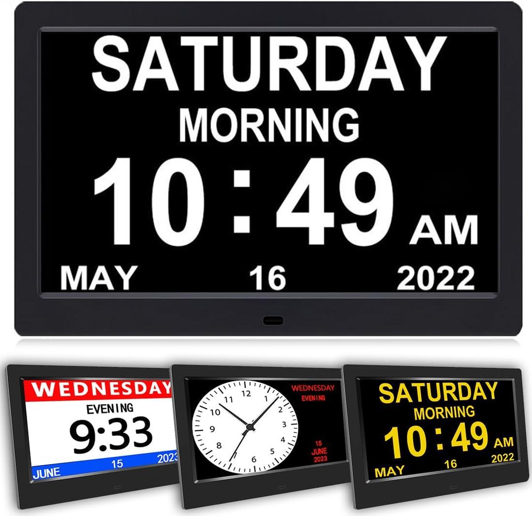AINFTIME DST Clock with Day and Date for Elderly-3 Display Digital Calendar Alarm Day Dementia Alzheimers Clock with Extra Large Display (10.1in Black)