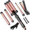 5 in 1 Wand Curling Iron-Kinked Curling Wand Set with Flat Iron Hair Straightener, 3 Barrels Hair Crimper, 3 Ceramic Curling Irons (0.35"-1.25"), 2 Temps Fast Heat Hair Waver Curler with Glove & Clip (Rose Gold)