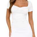 ForeFair Women's Sexy Short Sleeve Mini Dress Cute Sweetheart Neck Ruched Bodycon Summer Dress(White,S)