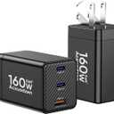 [2 Pack] USB C Charger Block 160W, 3-Port GaN Super Fast Charger, Dual 65W Type C Charging Block, Foldable QC3.0 Laptop Fast Charging Adapter for MacBook, iPhone, Samsung, Galaxy, iPad, Android, Black