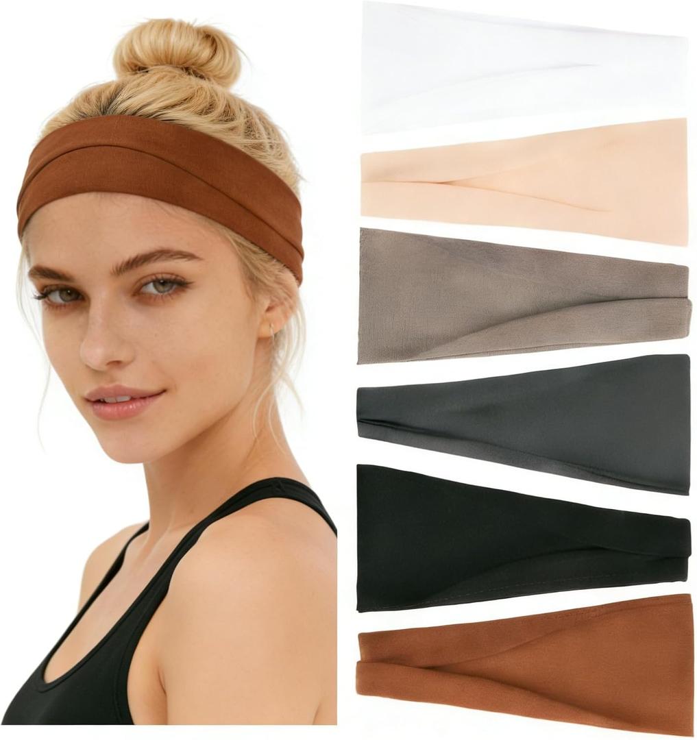 6 Pcs Headbands for Women Non Slip Workout Hair Bands, Stretchy Athletic Soft Sweatbands, Elastic Cloth Fabric Headbands for Women for Yoga, Running Headband for Women, Gym & Daily Use