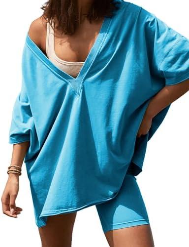 TAQCUX 2 Two Piece Outfits for Women Summer Oversized Workout V Neck T Shirts Biker Shorts Matching Sets, L